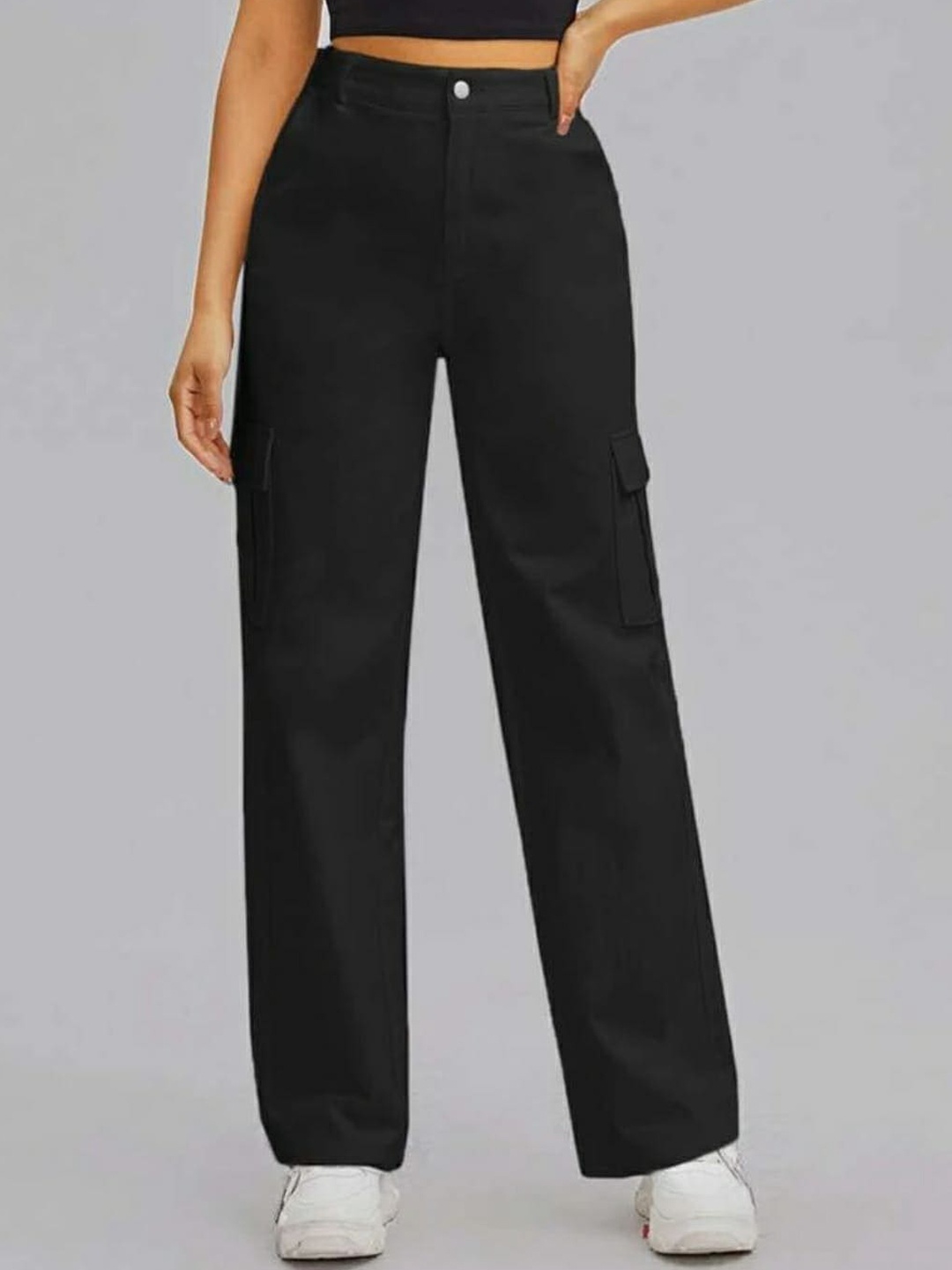 

Next One Women Straight Leg High-Rise Cargos Trousers, Black