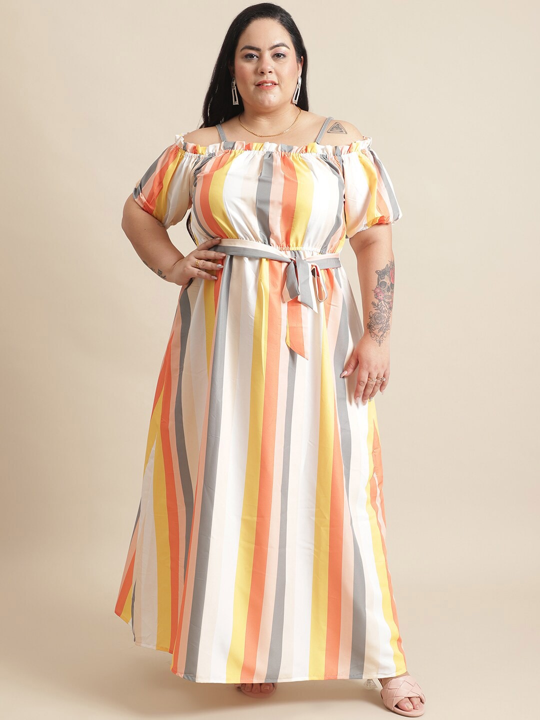 

Flambeur Plus Size Striped Crepe Maxi Dress, Yellow