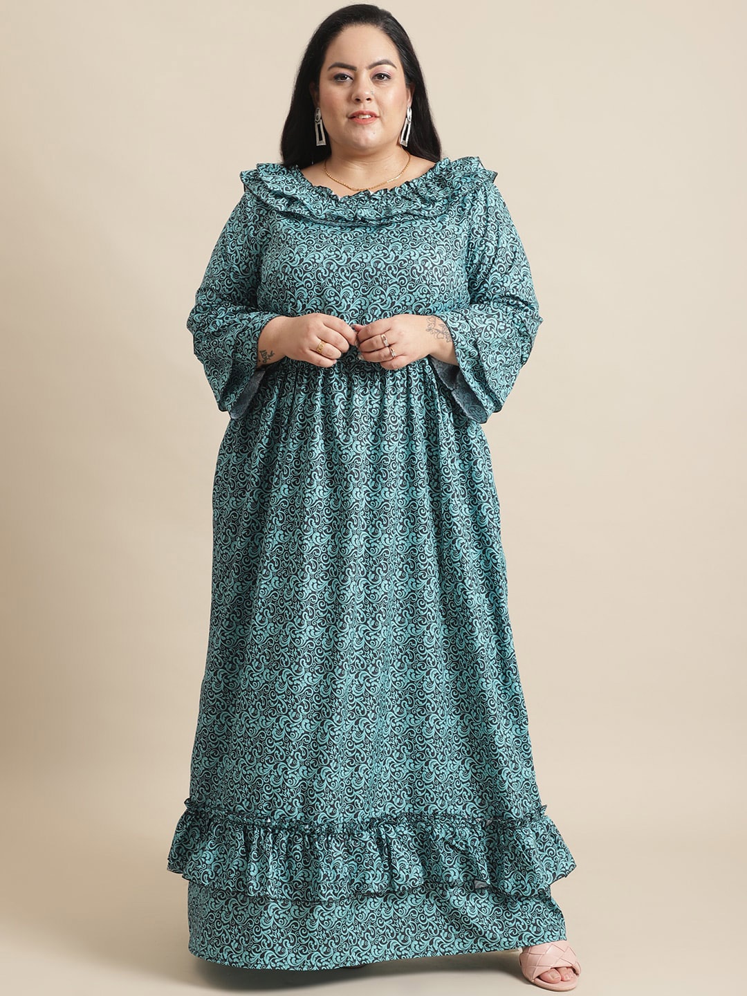 

Flambeur Ethnic Motifs Plus Size Crepe Maxi Dress, Navy blue