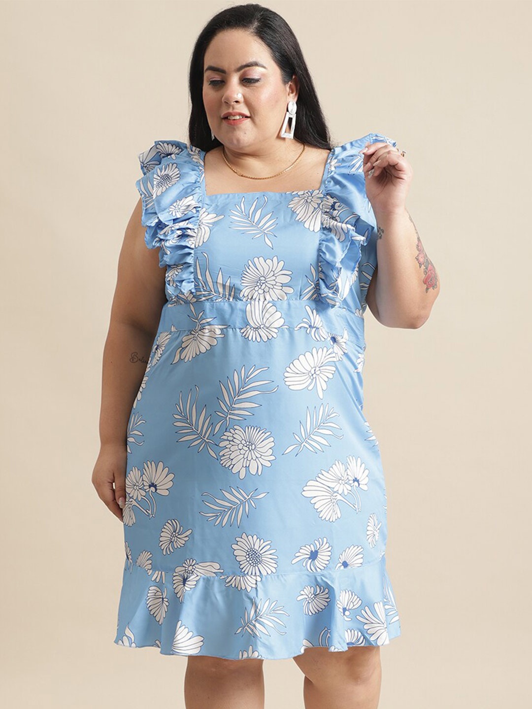 

Flambeur Floral Printed Crepe A-Line Dress, Blue