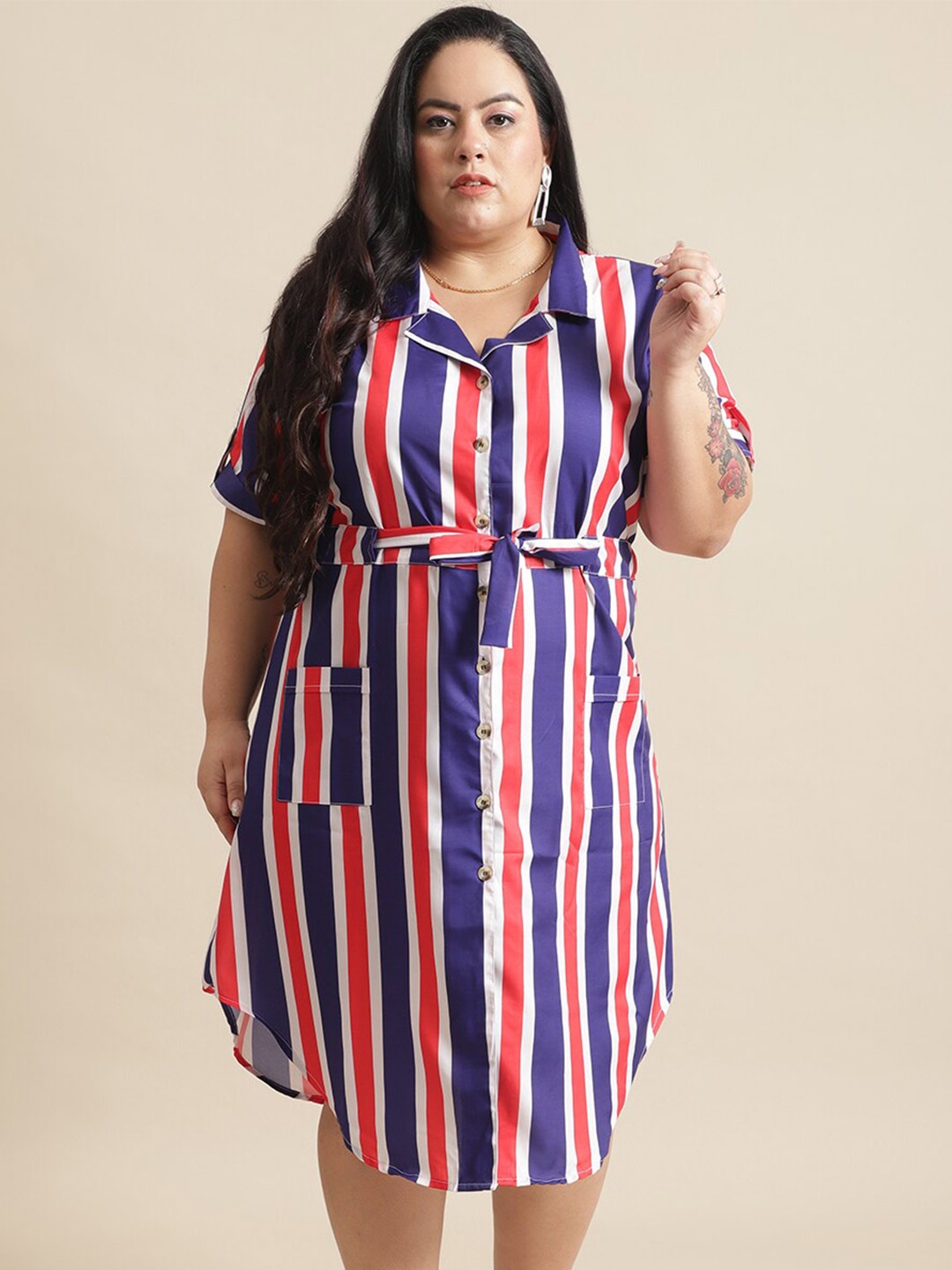 

Flambeur Plus Size Striped Crepe Shirt Dress, Multi