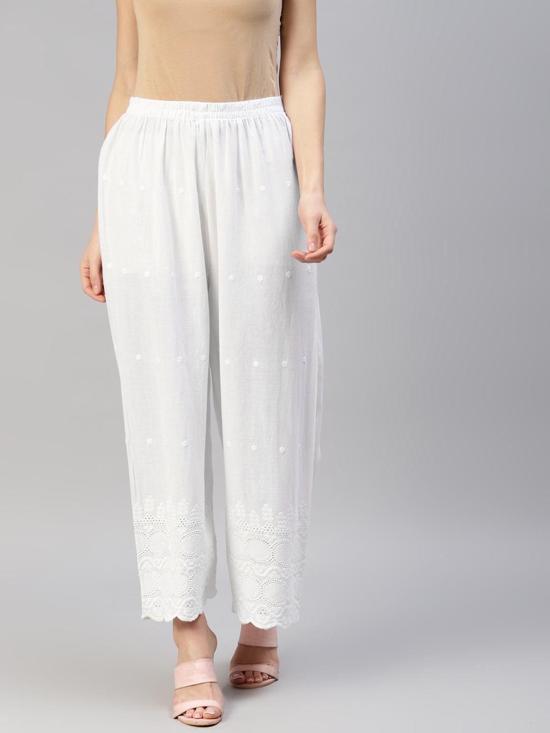 

Readiprint Women Embroidered Cotton Flared Ethnic Palazzos, White