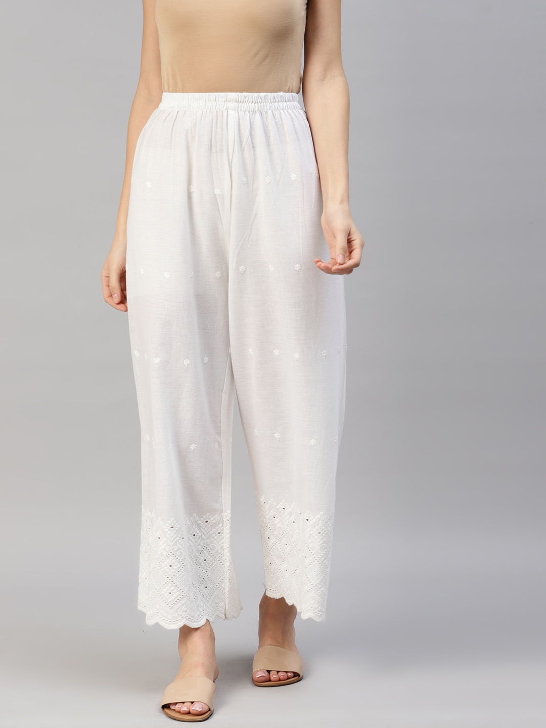 

Readiprint Fashions Women Embroidered Cotton Flared Ethnic Palazzos, White
