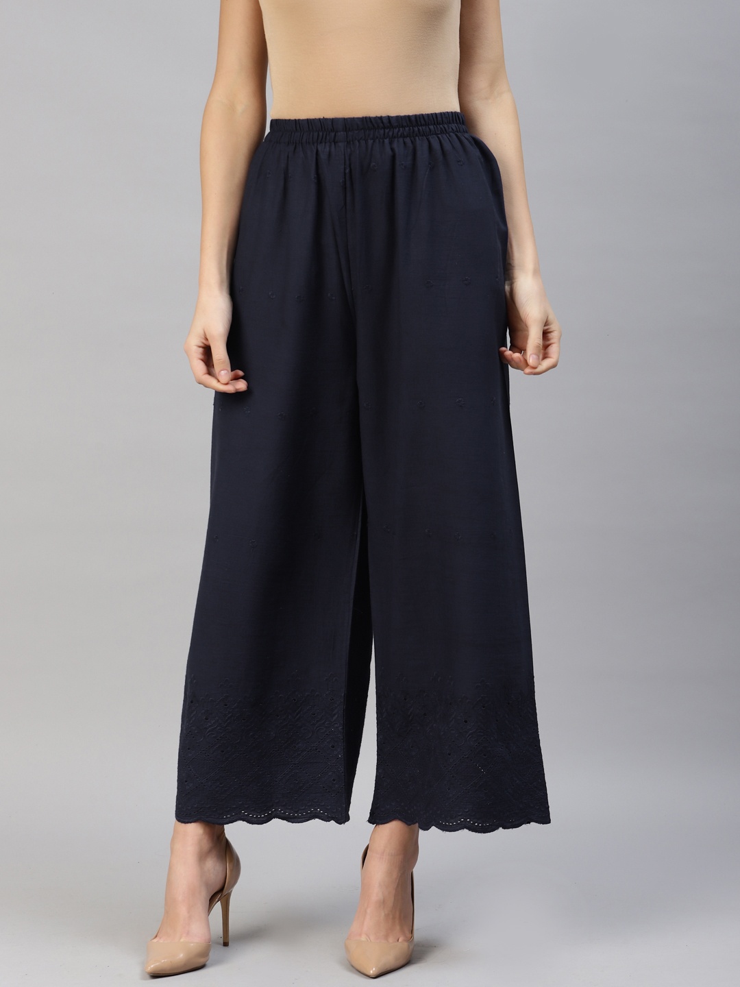 

Readiprint Women Embroidered Cotton Flared Ethnic Palazzos, Navy blue