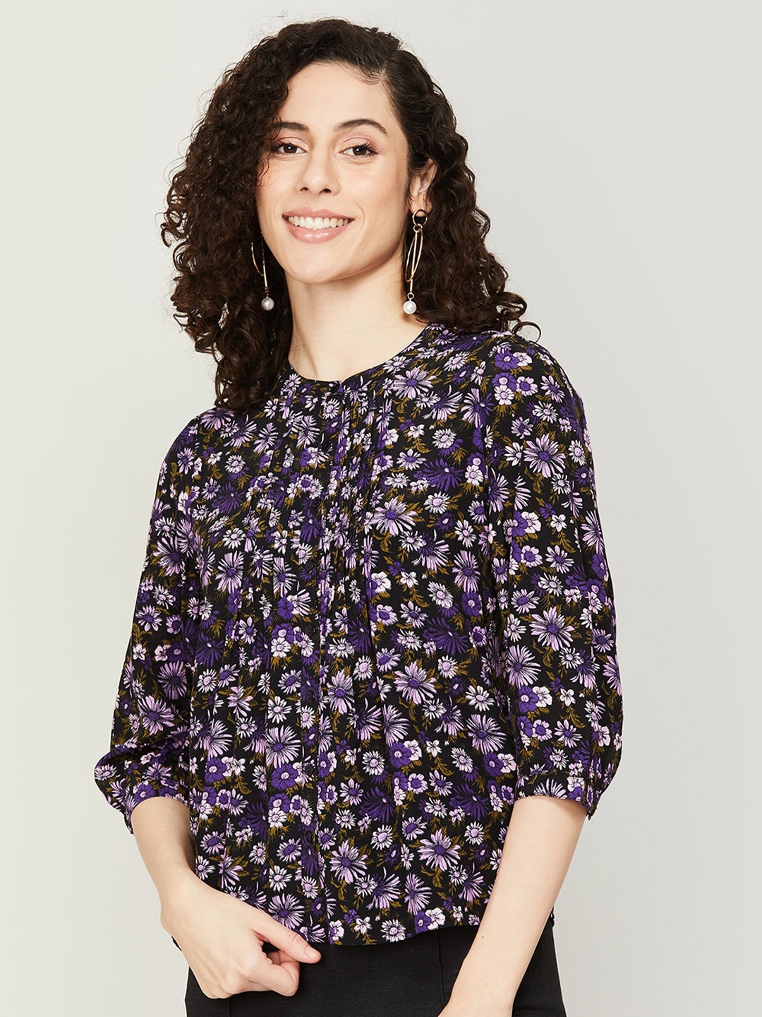 

CODE by Lifestyle Floral Print Mandarin Collar Shirt Style Top, Black