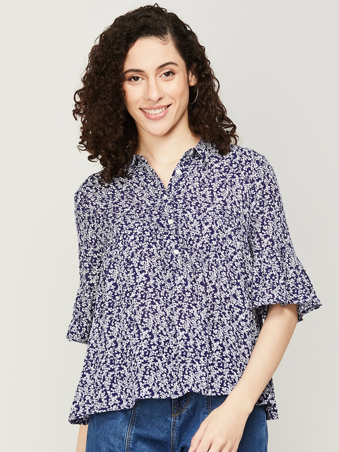 

Fame Forever by Lifestyle Floral Print Shirt Style Top, Navy blue