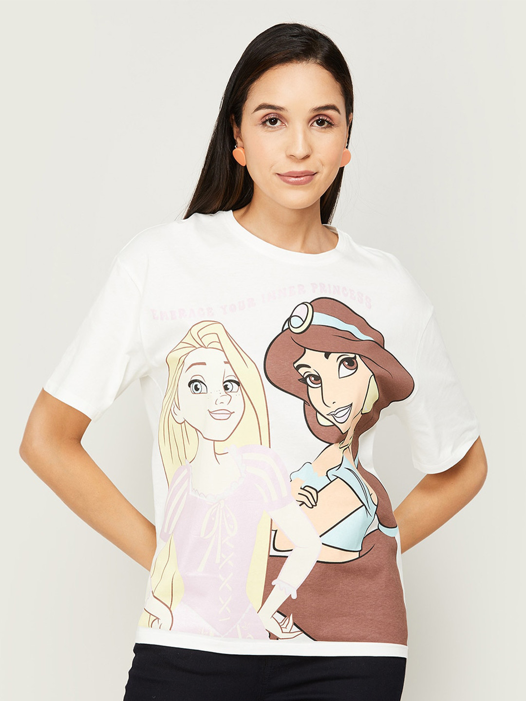 

Ginger by Lifestyle Women Jasmine Printed Pure Cotton T-shirt, White