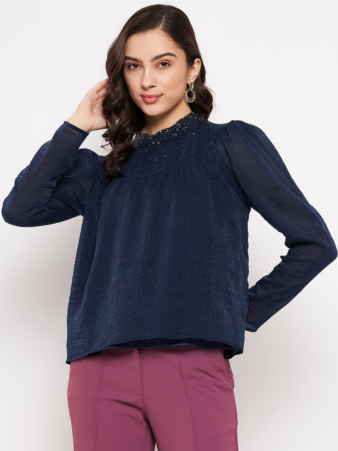 

Madame Embellished High Neck Top, Navy blue
