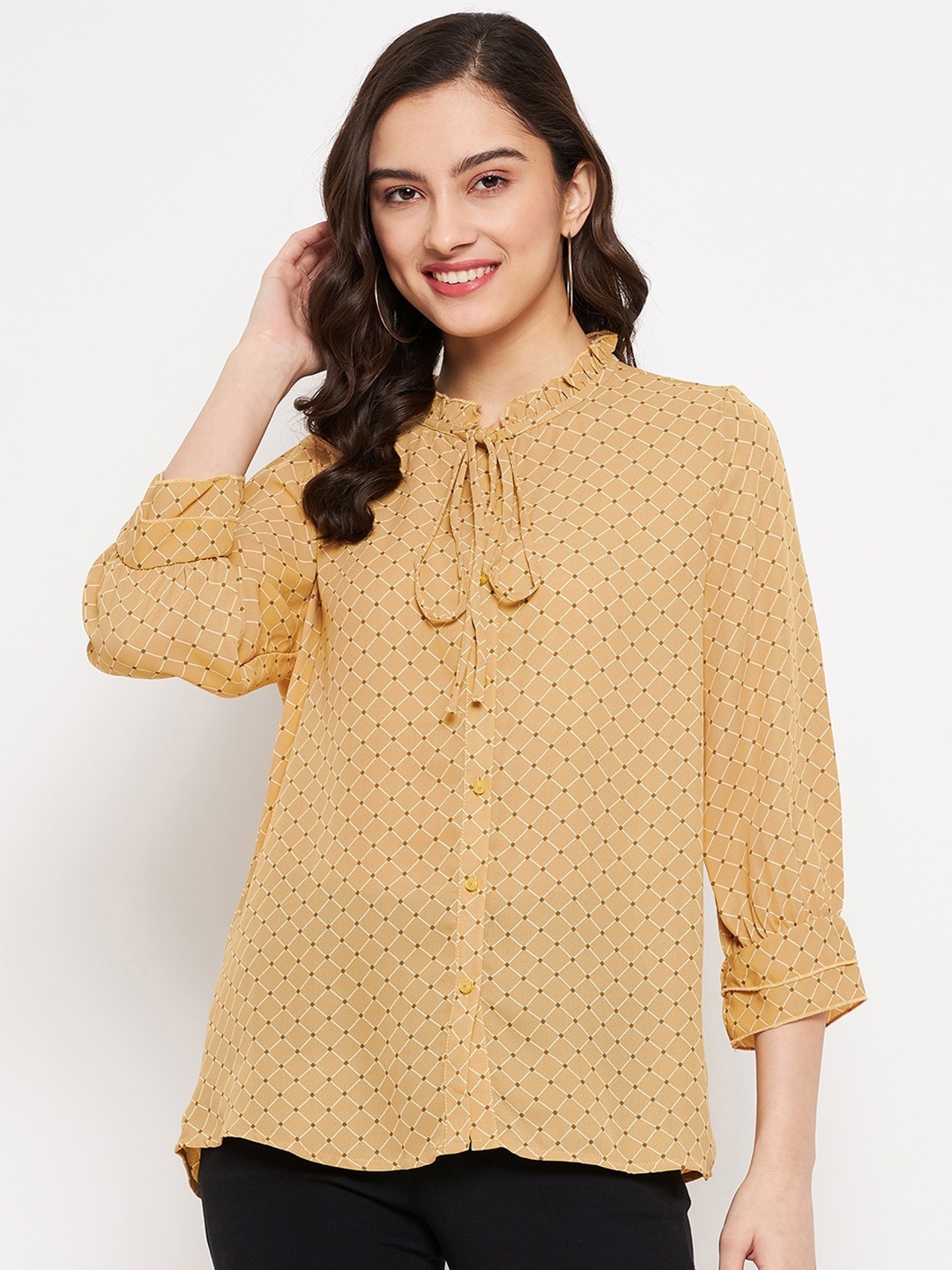 

Madame Geometric Print Tie-Up Neck Shirt Style Top, Mustard