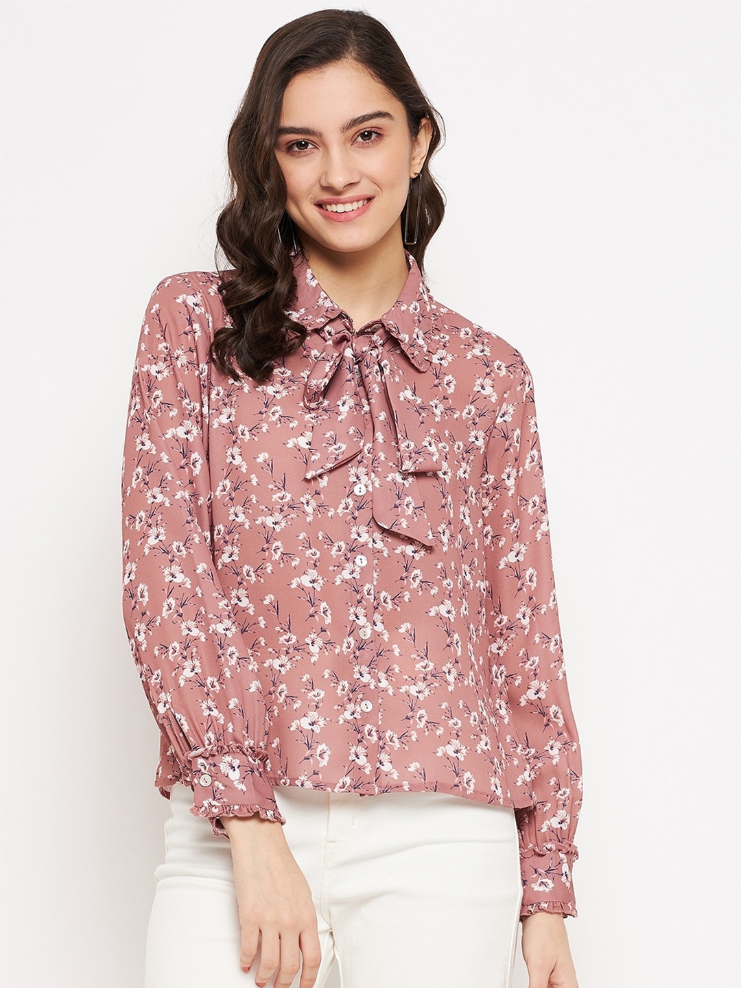 

Madame Women Floral Printed Casual Shirt, Peach