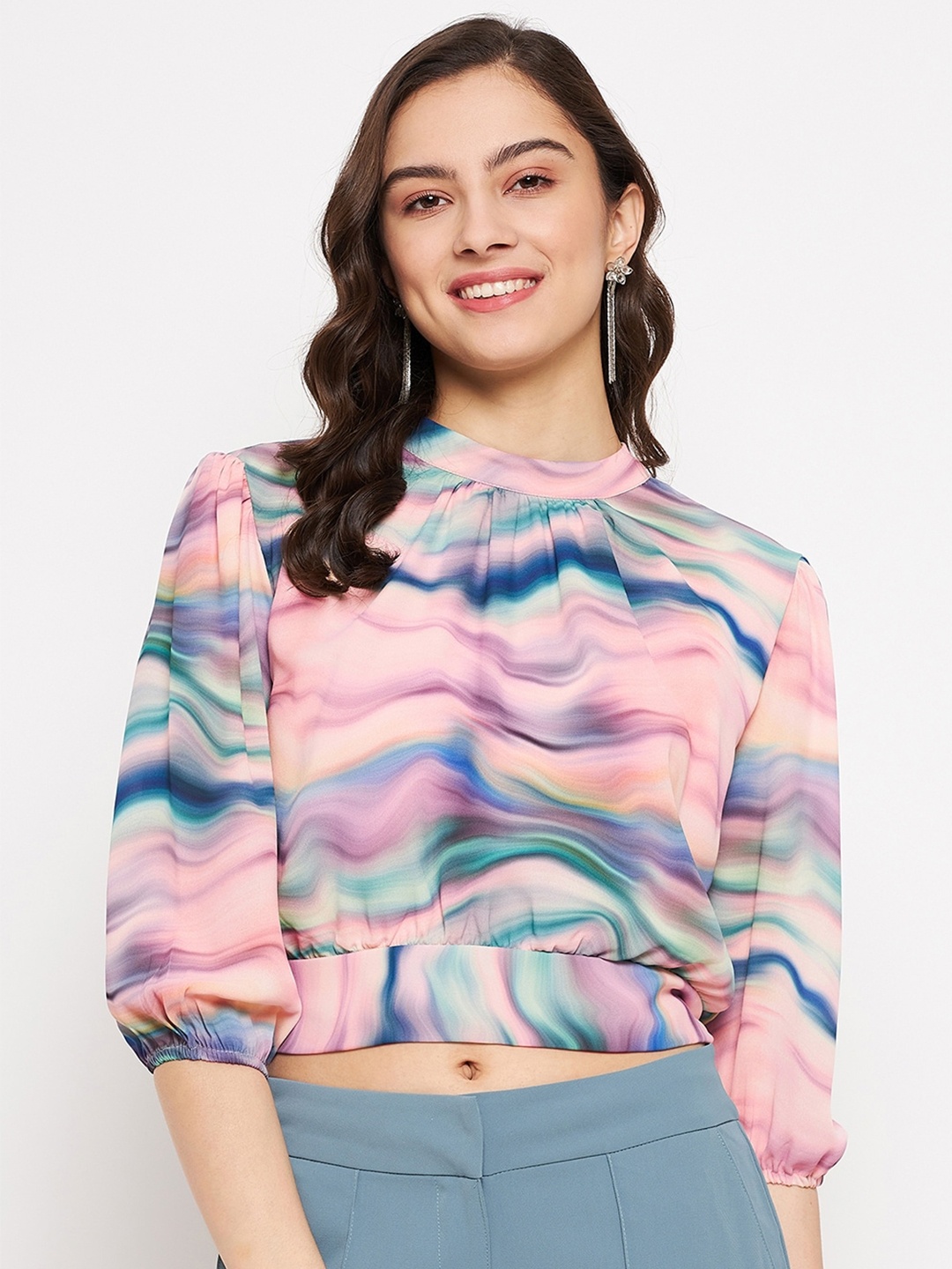 

Madame Print Blouson Crop Top, Pink