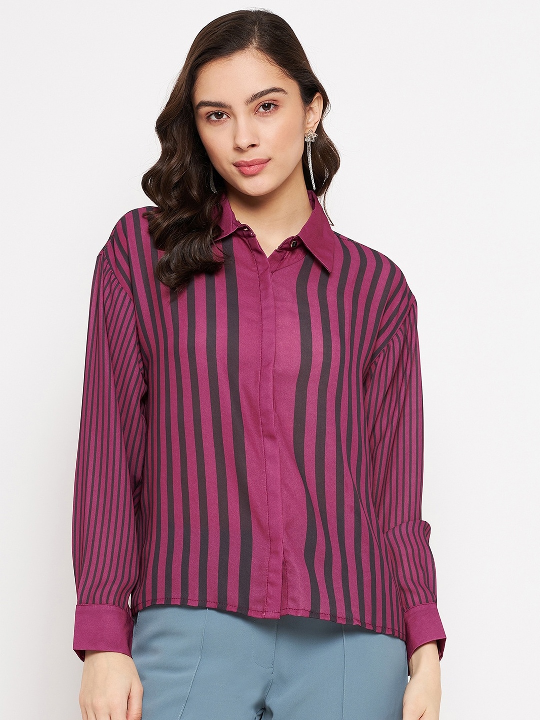 

Madame Women Striped Casual Shirt, Maroon
