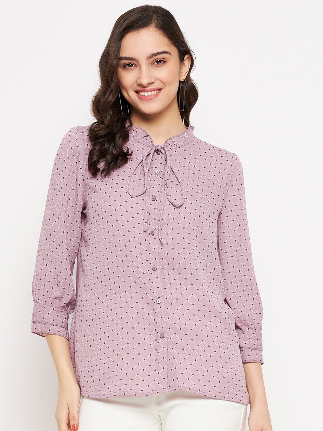 

Madame Geometric Print Tie-Up Neck Shirt Style Top, Pink