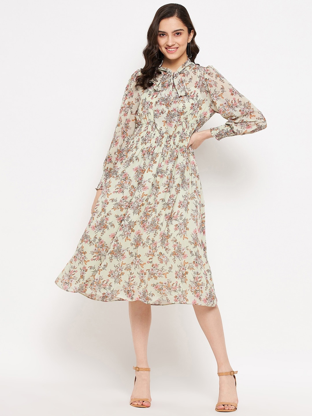 

Madame Floral Printed Tie-Up Neck Midi Dress, Green