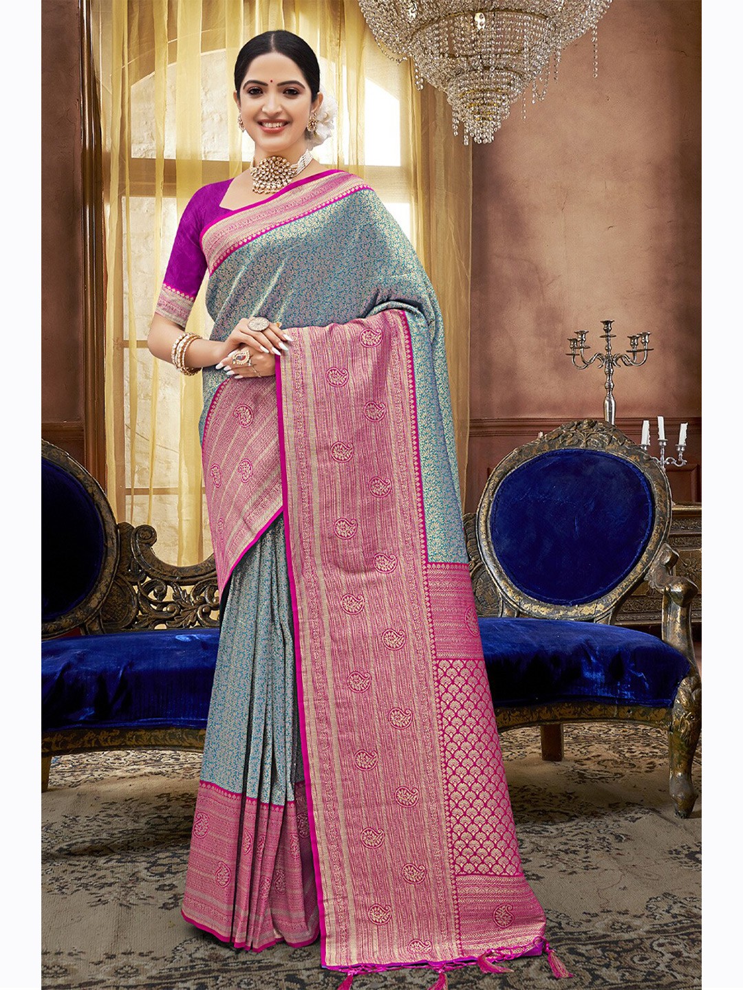 

SANGAM PRINTS Floral Zari Pure Silk Banarasi Saree, Blue