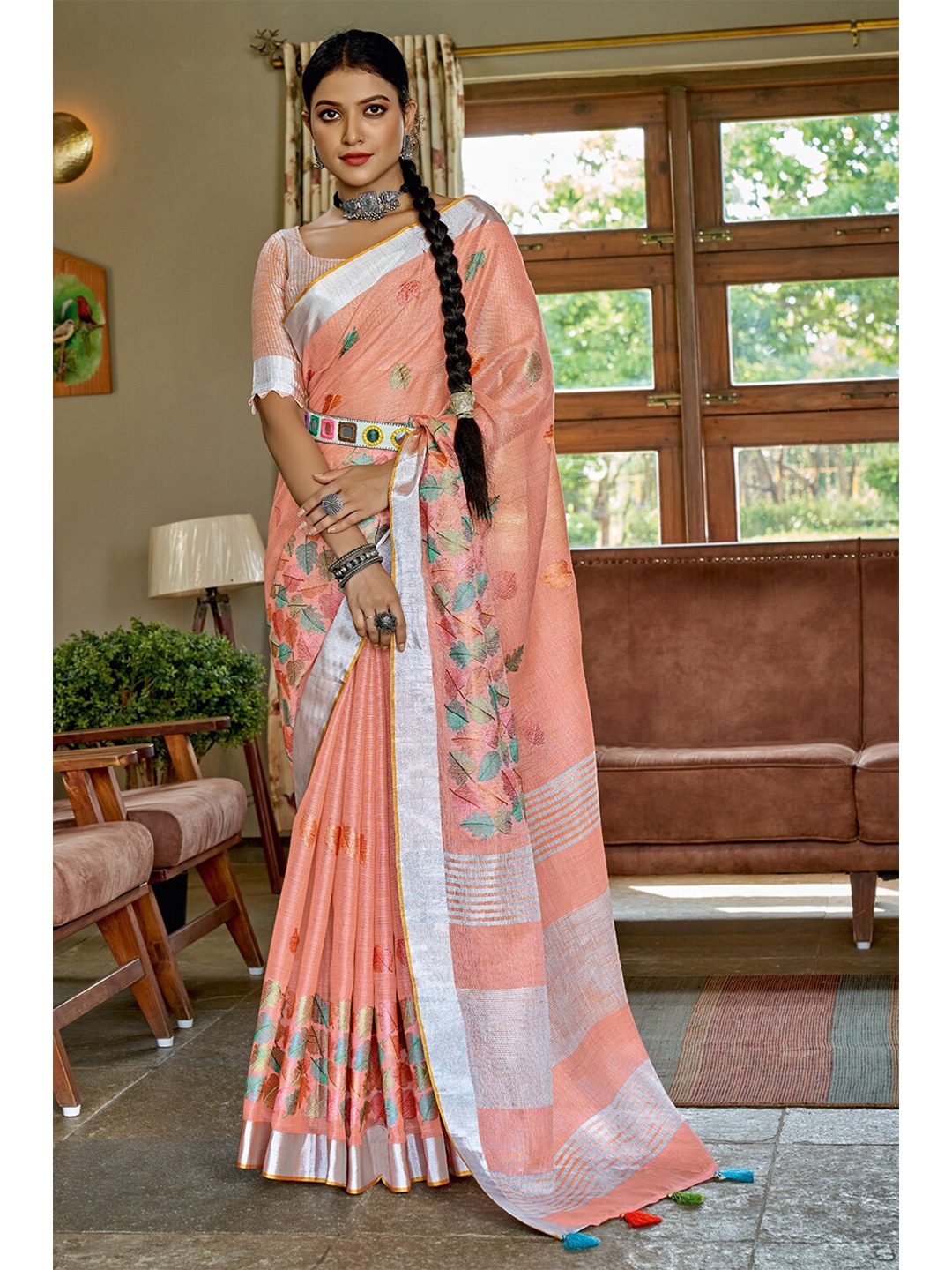 

SANGAM PRINTS Ethnic Motifs Zari Linen Blend Saree, Peach