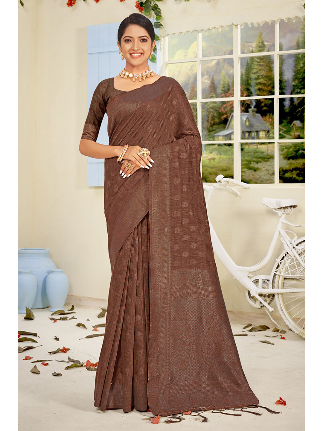 

SANGAM PRINTS Woven Design Zari Saree, Brown