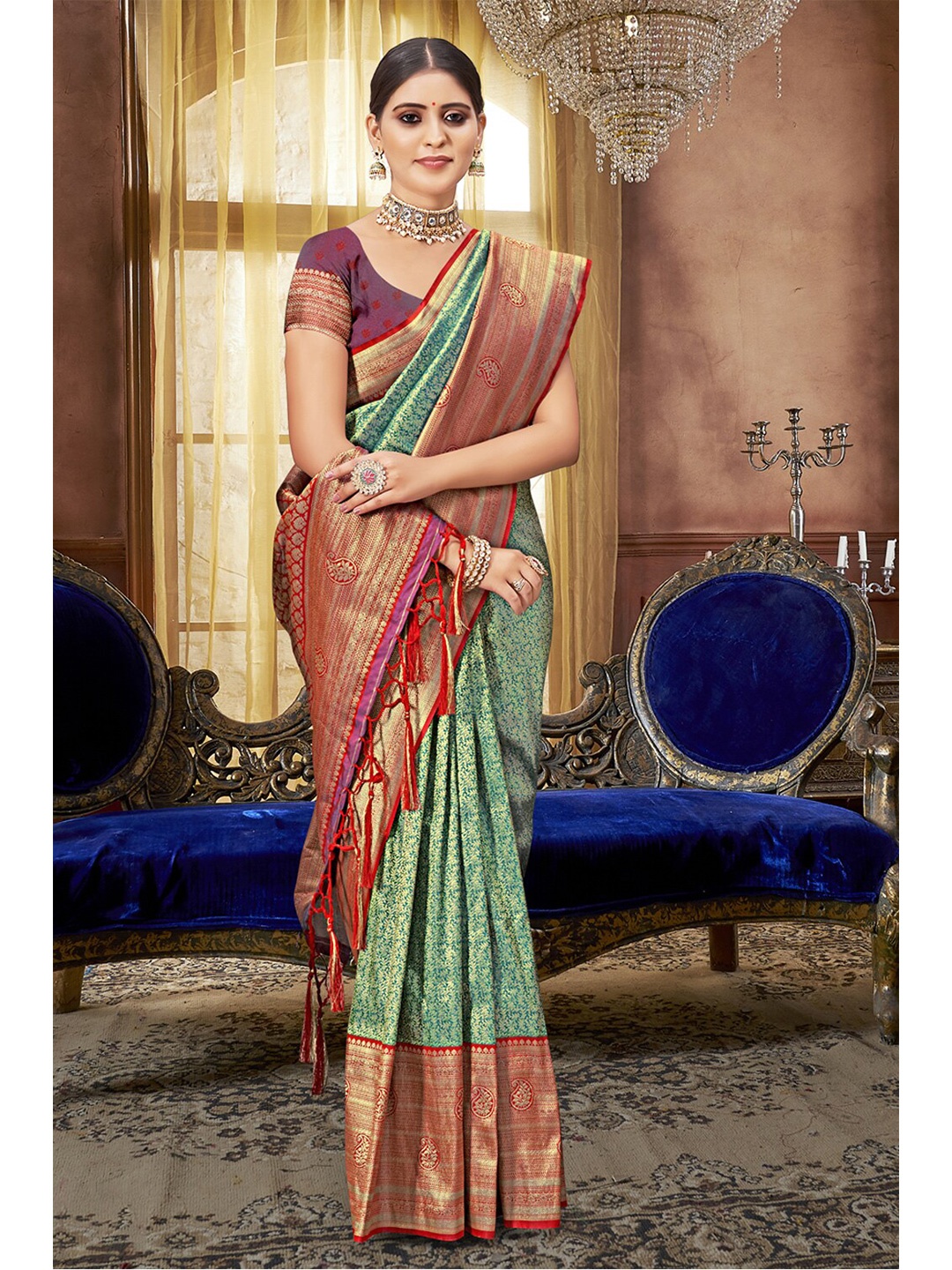 

SANGAM PRINTS Woven Design Zari Pure Silk Banarasi Saree, Sea green
