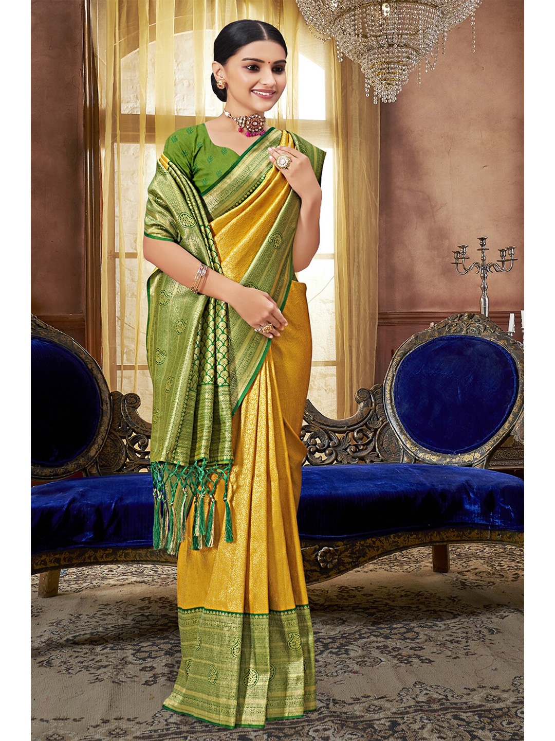 

SANGAM PRINTS Woven Design Zari Pure Silk Banarasi Saree, Yellow