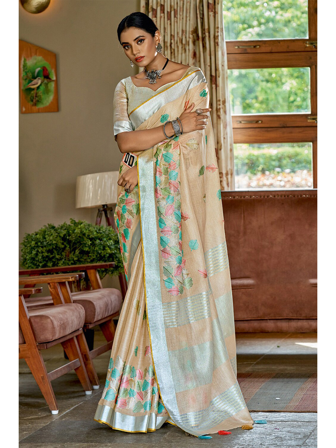 

SANGAM PRINTS Floral Zari Saree, Beige