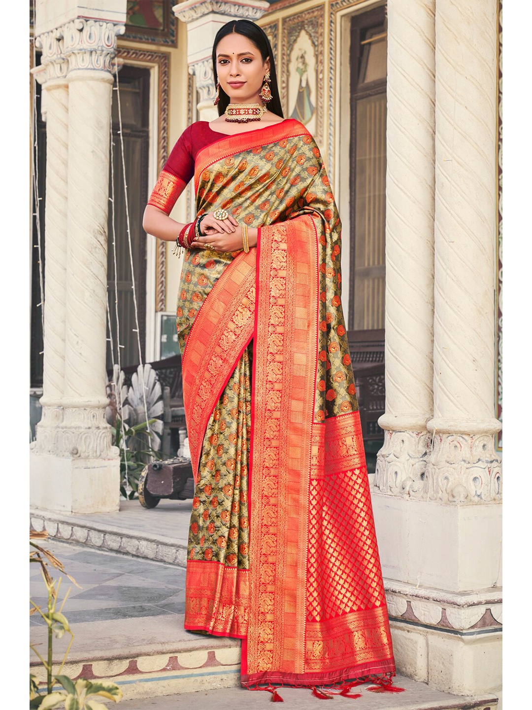 

SANGAM PRINTS Woven Design Zari Pure Silk Banarasi Saree, Grey
