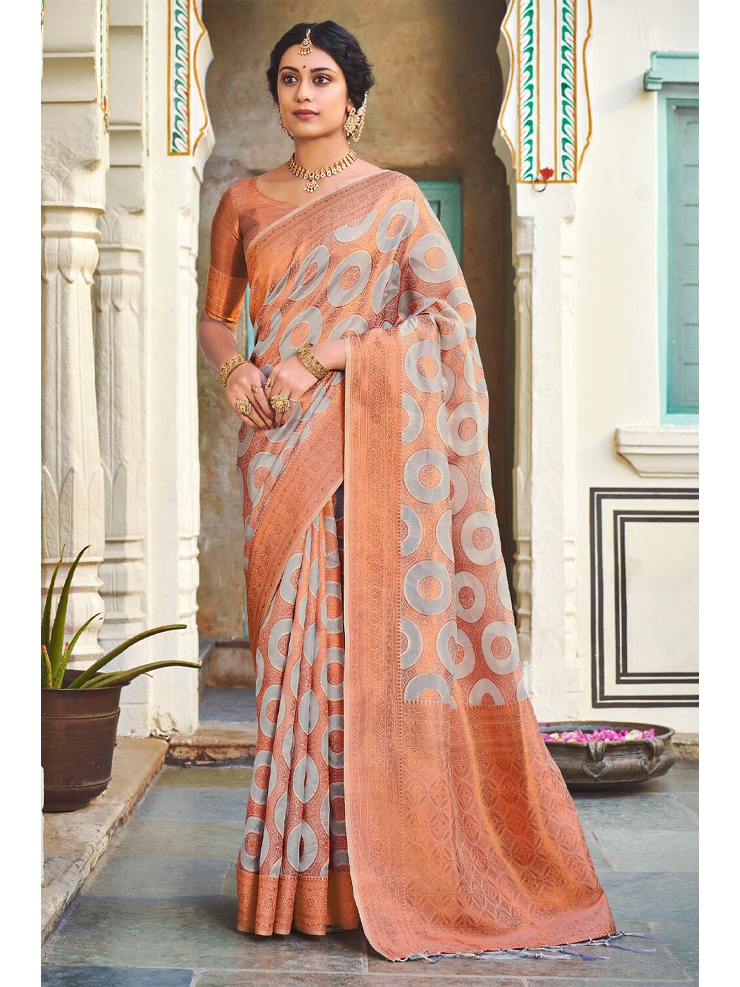 

SANGAM PRINTS Woven Design Zari Organza Saree, Grey