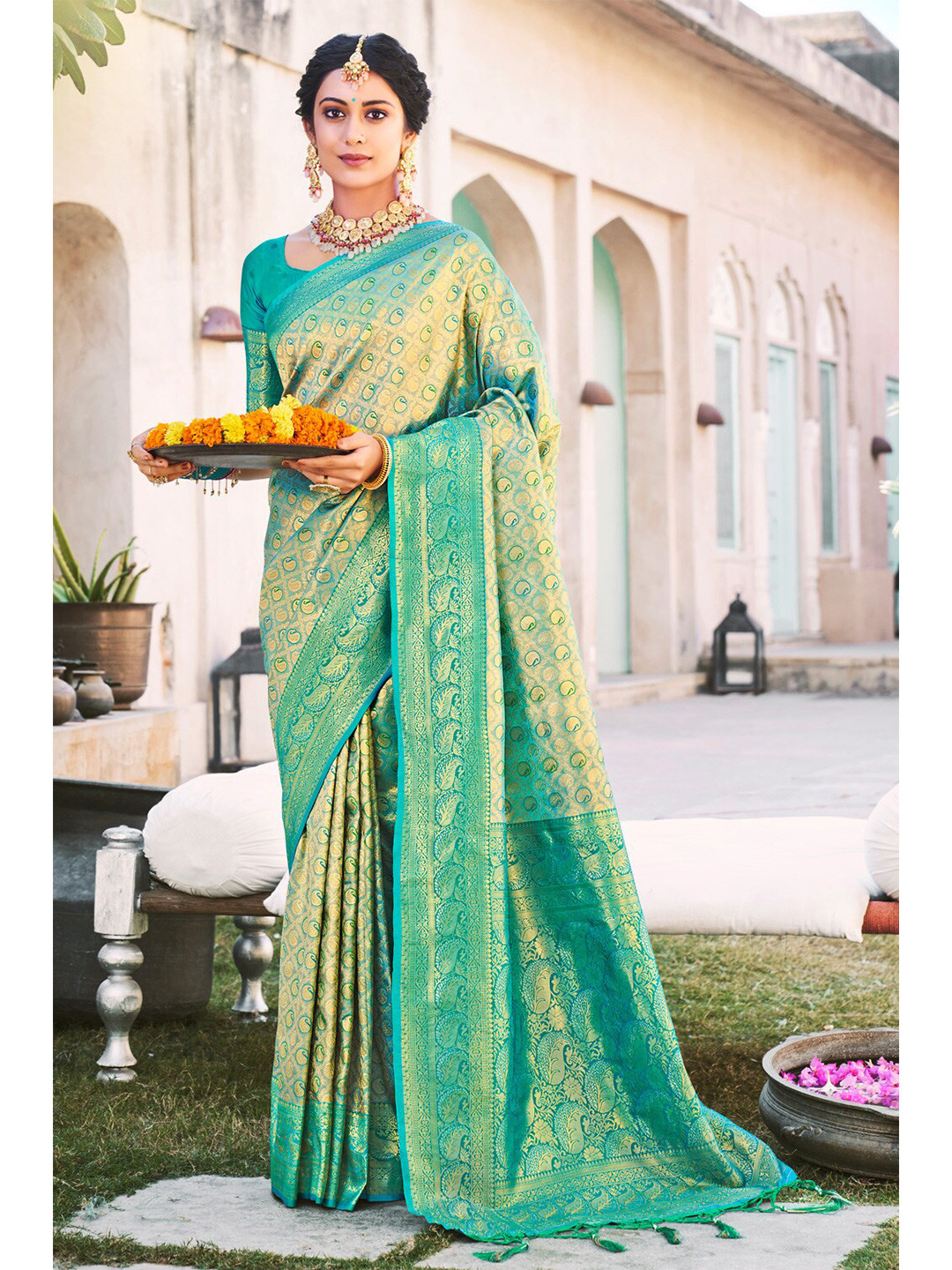

SANGAM PRINTS Woven Design Zari Pure Silk Banarasi Saree, Turquoise blue