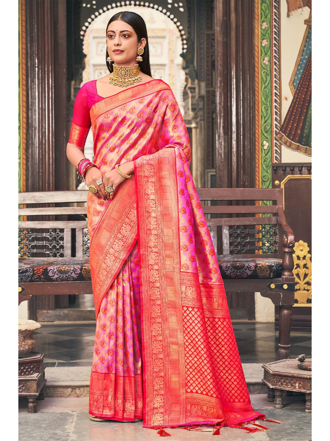 

SANGAM PRINTS Woven Design Zari Pure Silk Banarasi Saree, Pink