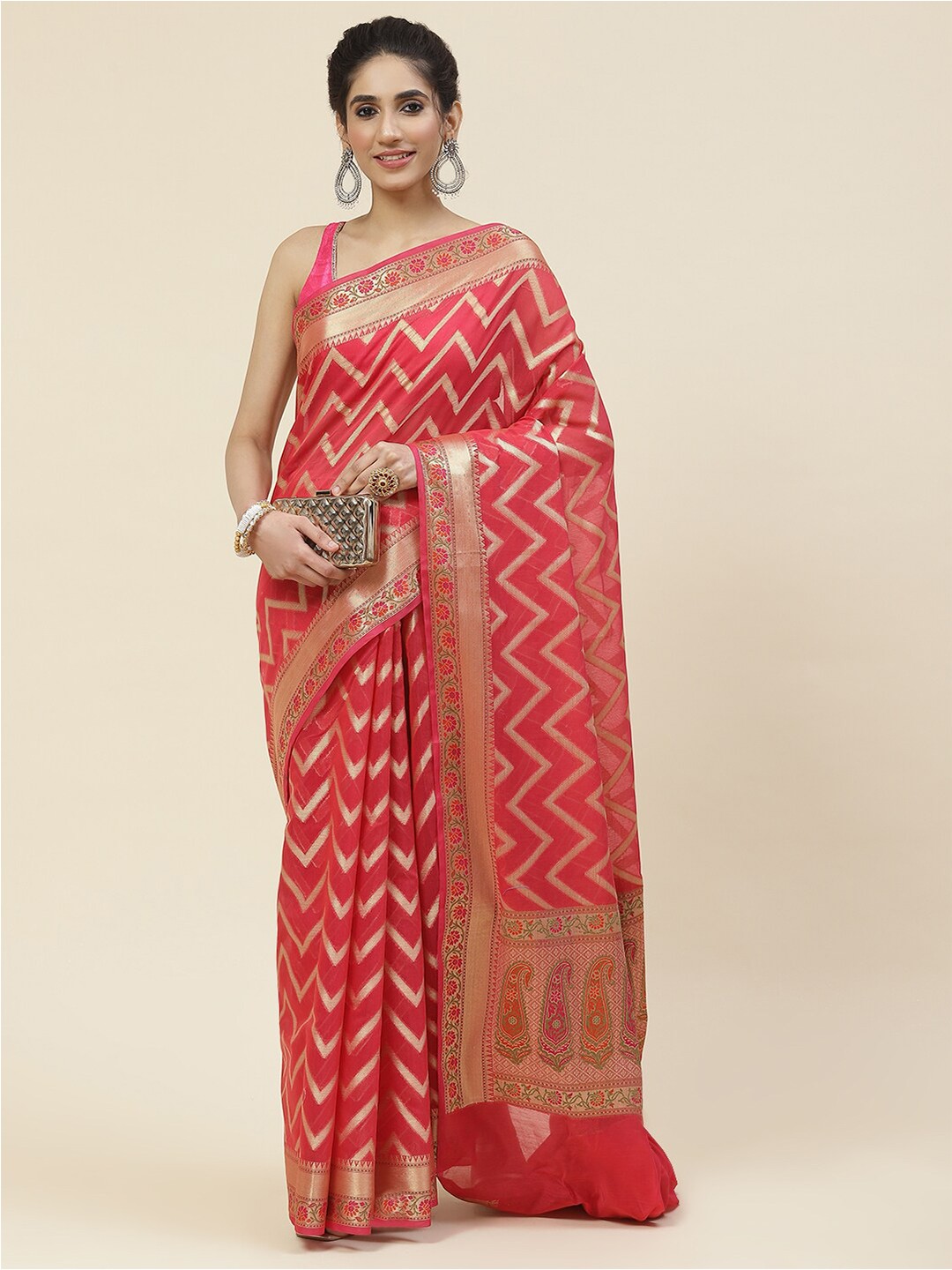 

Meena Bazaar Striped Zari Saree, Red