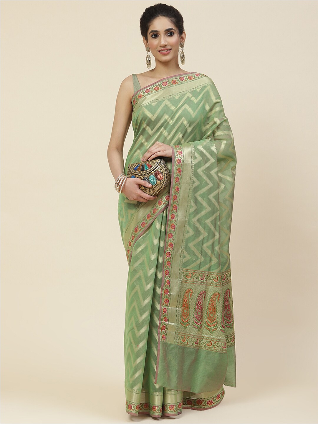 

Meena Bazaar Striped Zari Saree, Green