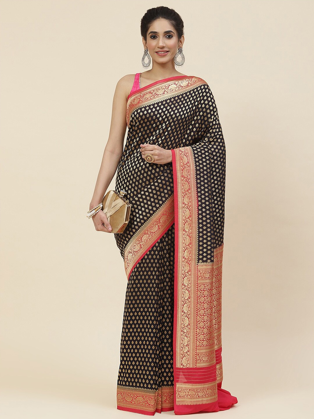 

Meena Bazaar Ethnic Motifs Zari Saree, Black