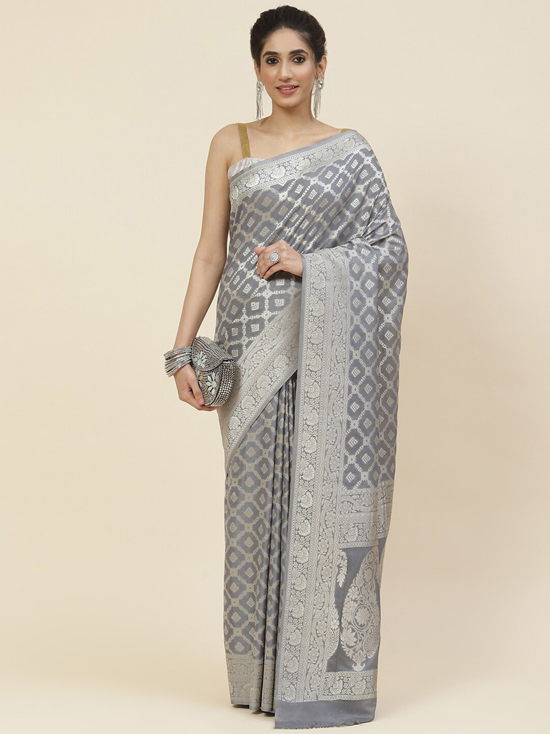 

Meena Bazaar Zari Saree, Grey