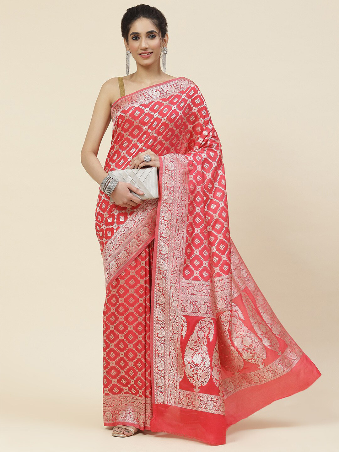 

Meena Bazaar Zari Saree, Coral