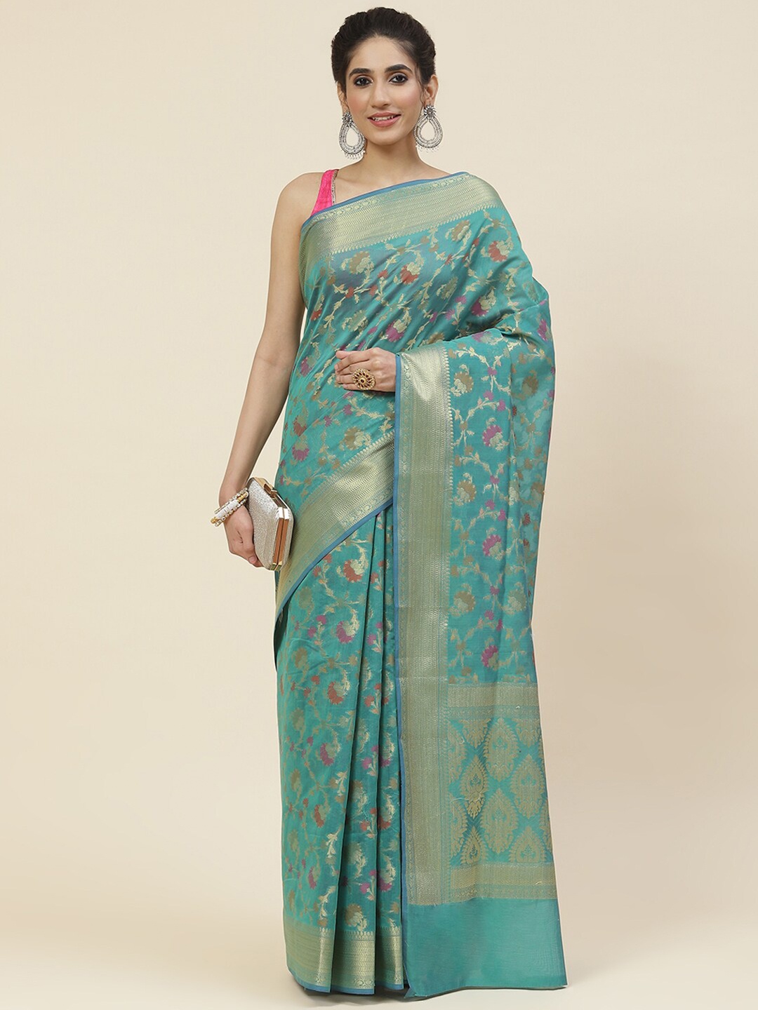 

Meena Bazaar Floral Woven Design Zari Saree, Blue