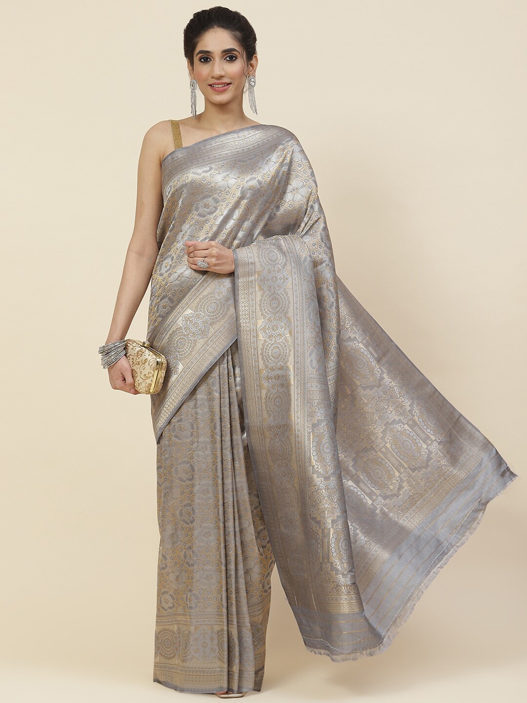 

Meena Bazaar Ethnic Motifs Zari Art Silk Saree, Grey