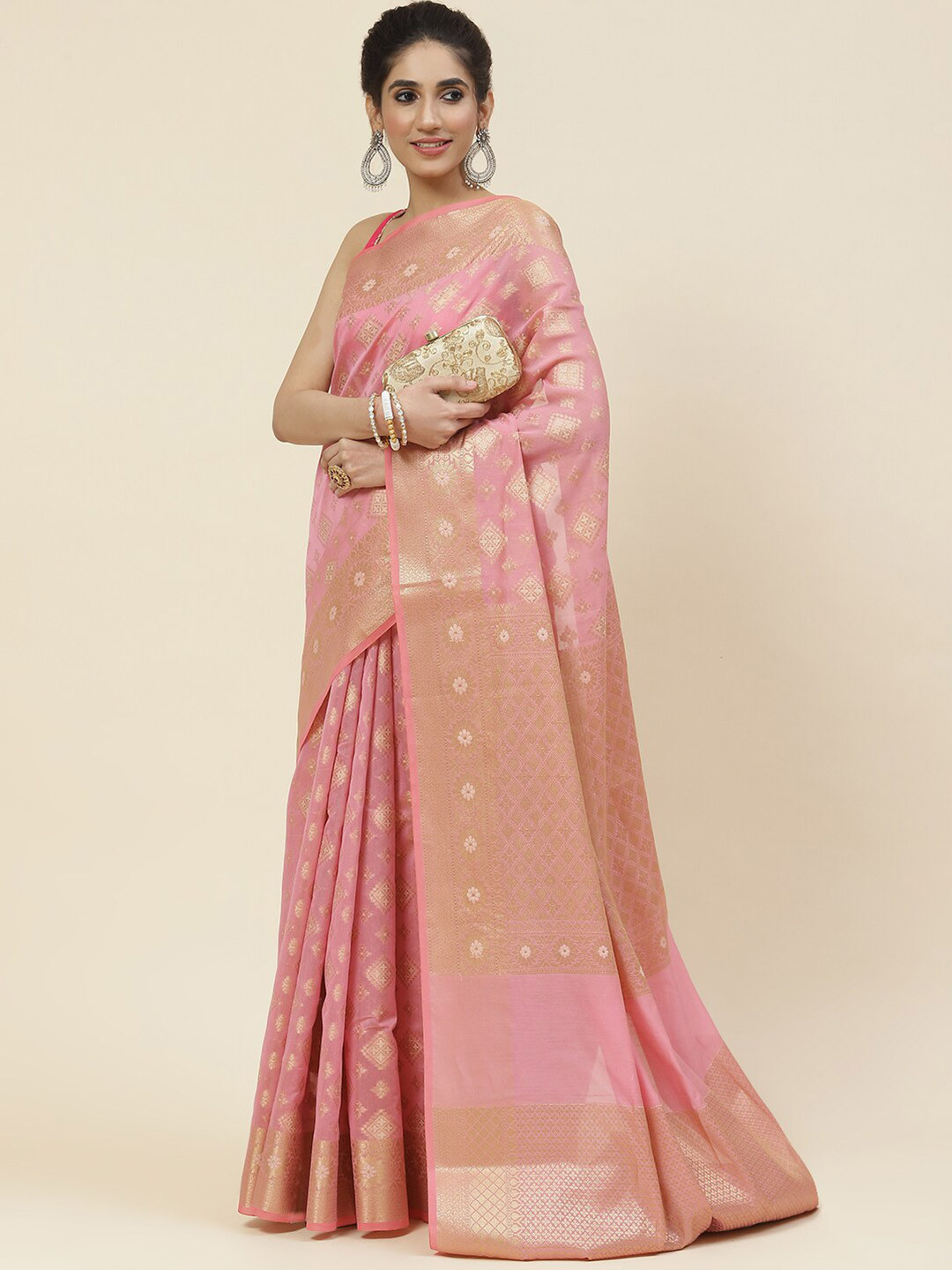 

Meena Bazaar Ethnic Motifs Zari Saree, Pink