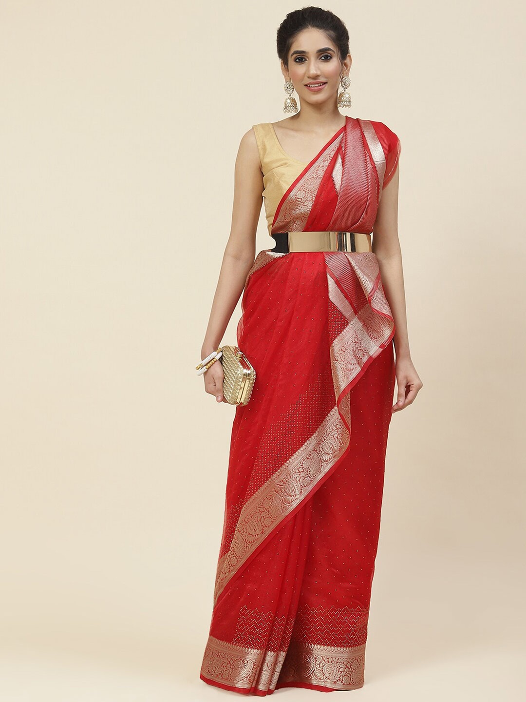 

Meena Bazaar Embellished Zari Organza Saree, Red