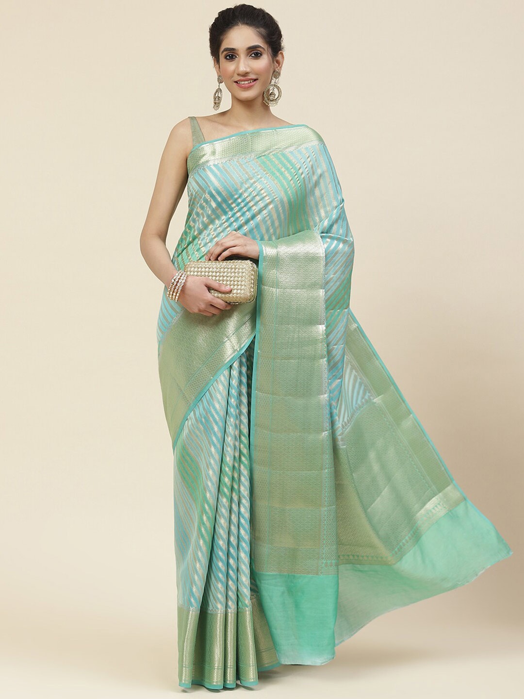 

Meena Bazaar Striped Zari Saree, Green