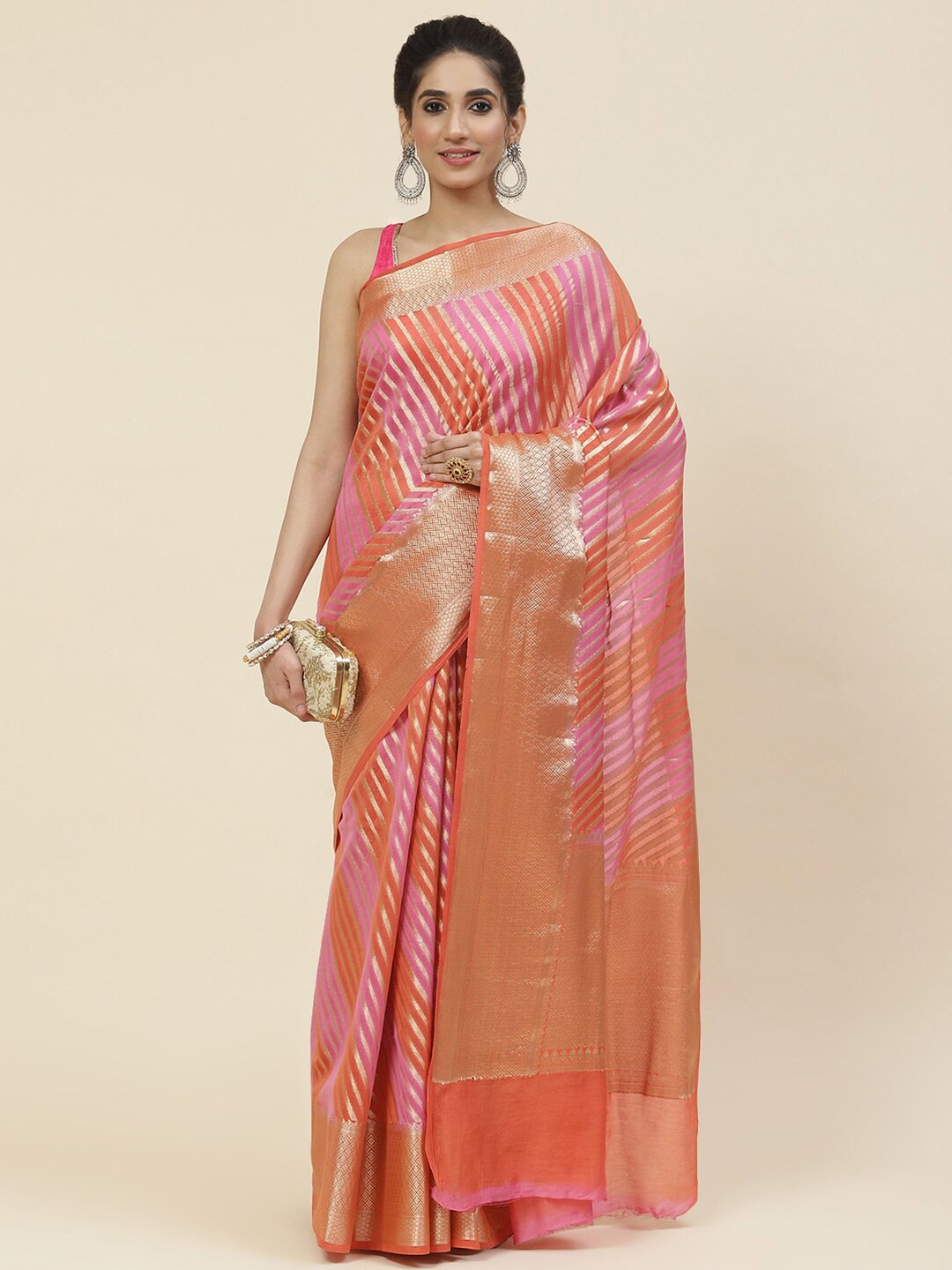 

Meena Bazaar Striped Zari Saree, Orange