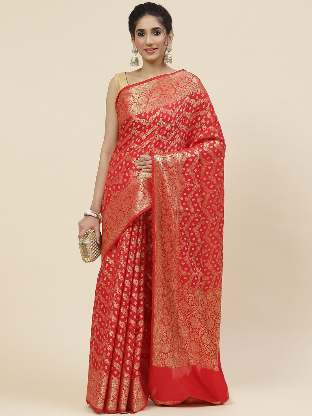 

Meena Bazaar Floral Zari Saree, Red