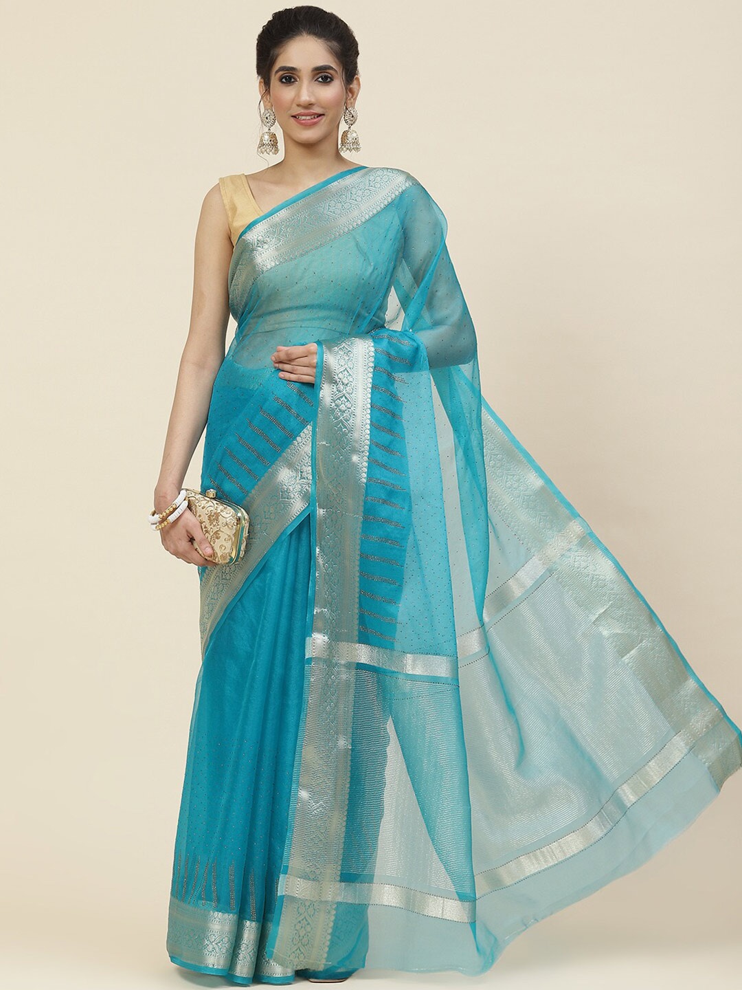 

Meena Bazaar Zari Organza Saree, Blue