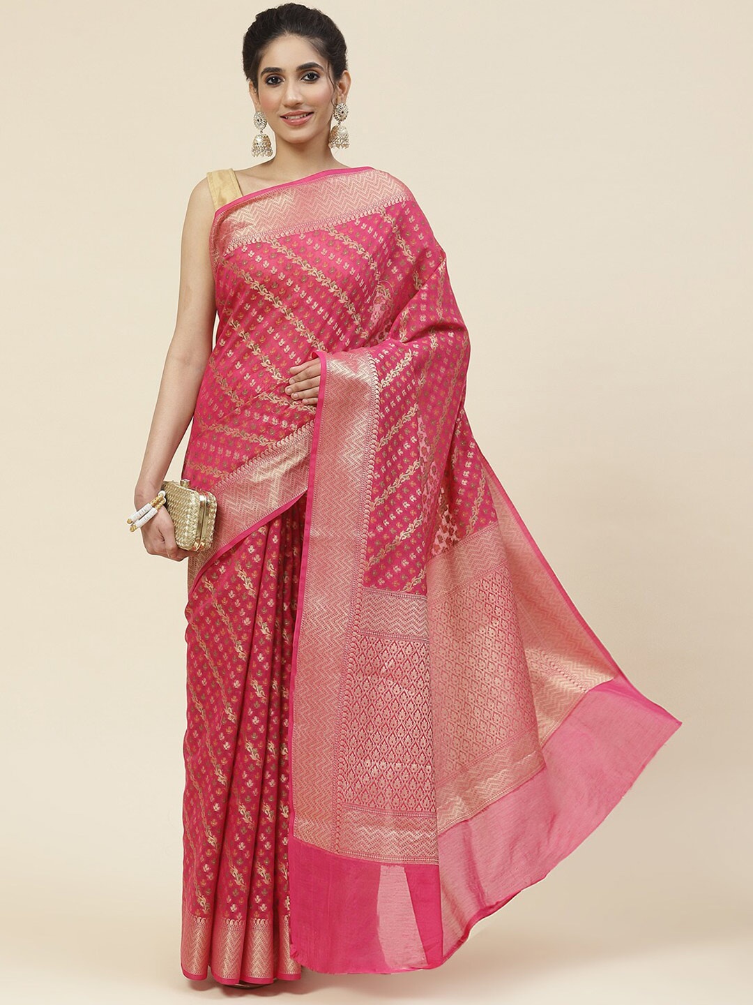 

Meena Bazaar Pink & Gold-Toned Ethnic Motifs Zari Saree