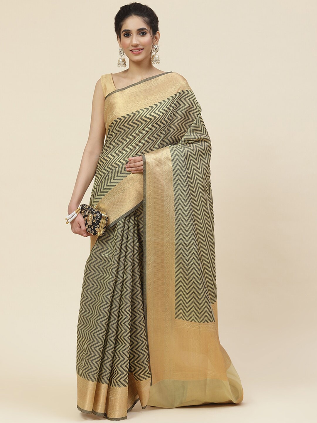 

Meena Bazaar Black & Gold-Toned Woven Design Zari Saree