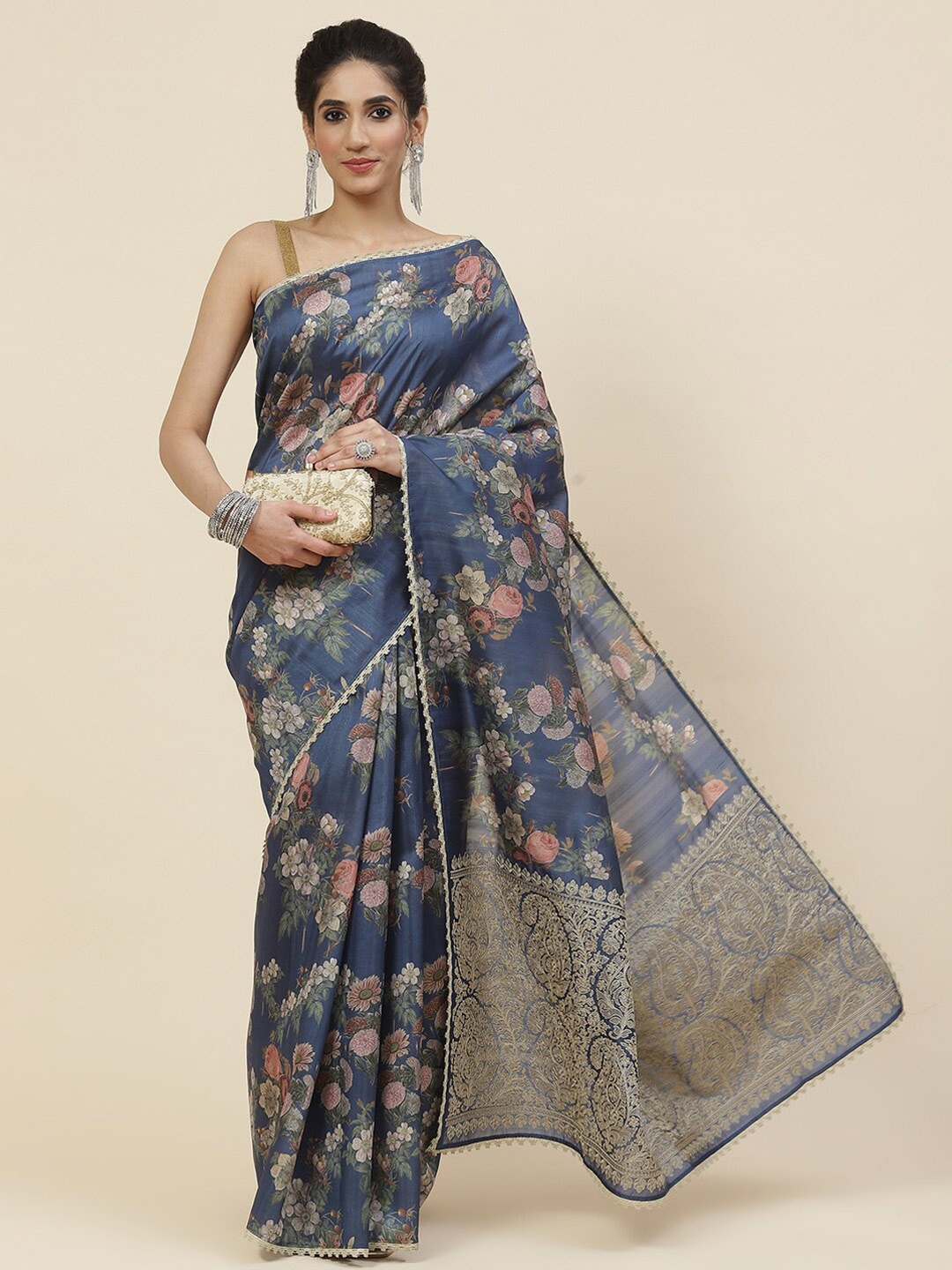 

Meena Bazaar Navy Blue & Cream-Coloured Floral Art Silk Tussar Saree