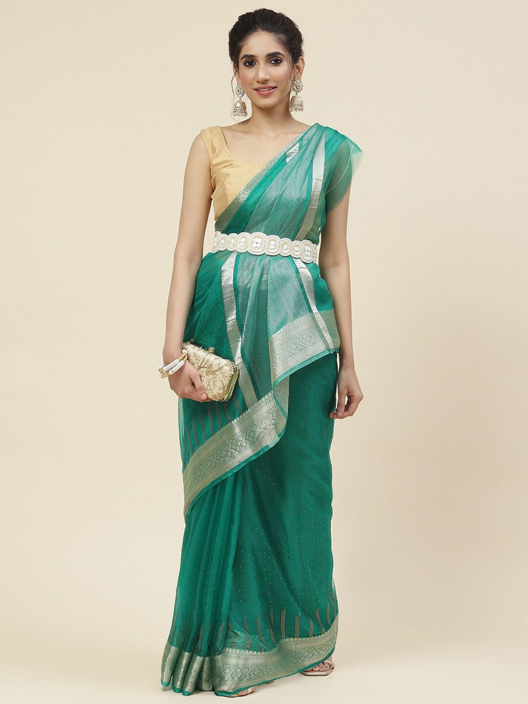 

Meena Bazaar Green & Silver-Toned Embellished Beads and Stones Organza Saree