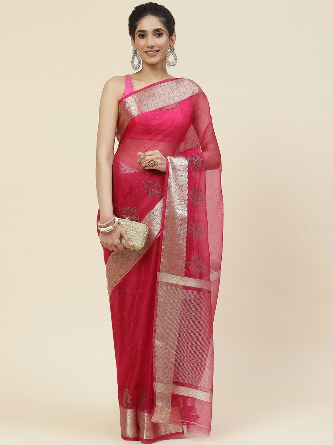 

Meena Bazaar Embellished Beads and Stones Organza Saree, Magenta
