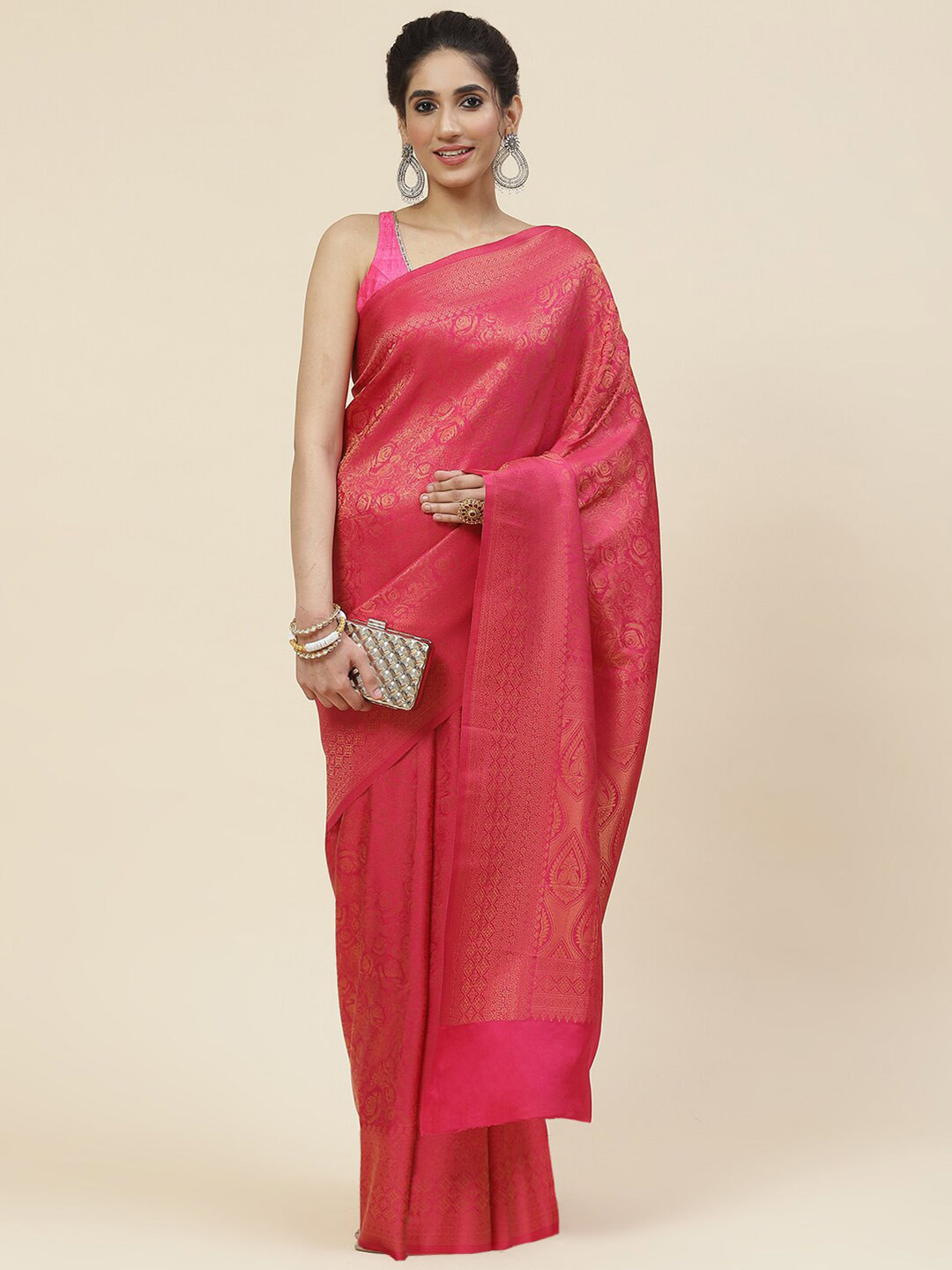 

Meena Bazaar Floral Zari Art Silk Saree, Pink