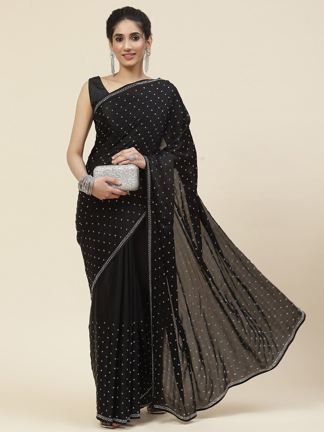 

Meena Bazaar Embellished Beads and Stones Satin Saree, Black