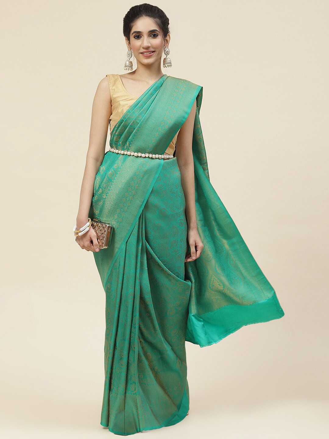 

Meena Bazaar Ethnic Motifs Zari Art Silk Saree, Green
