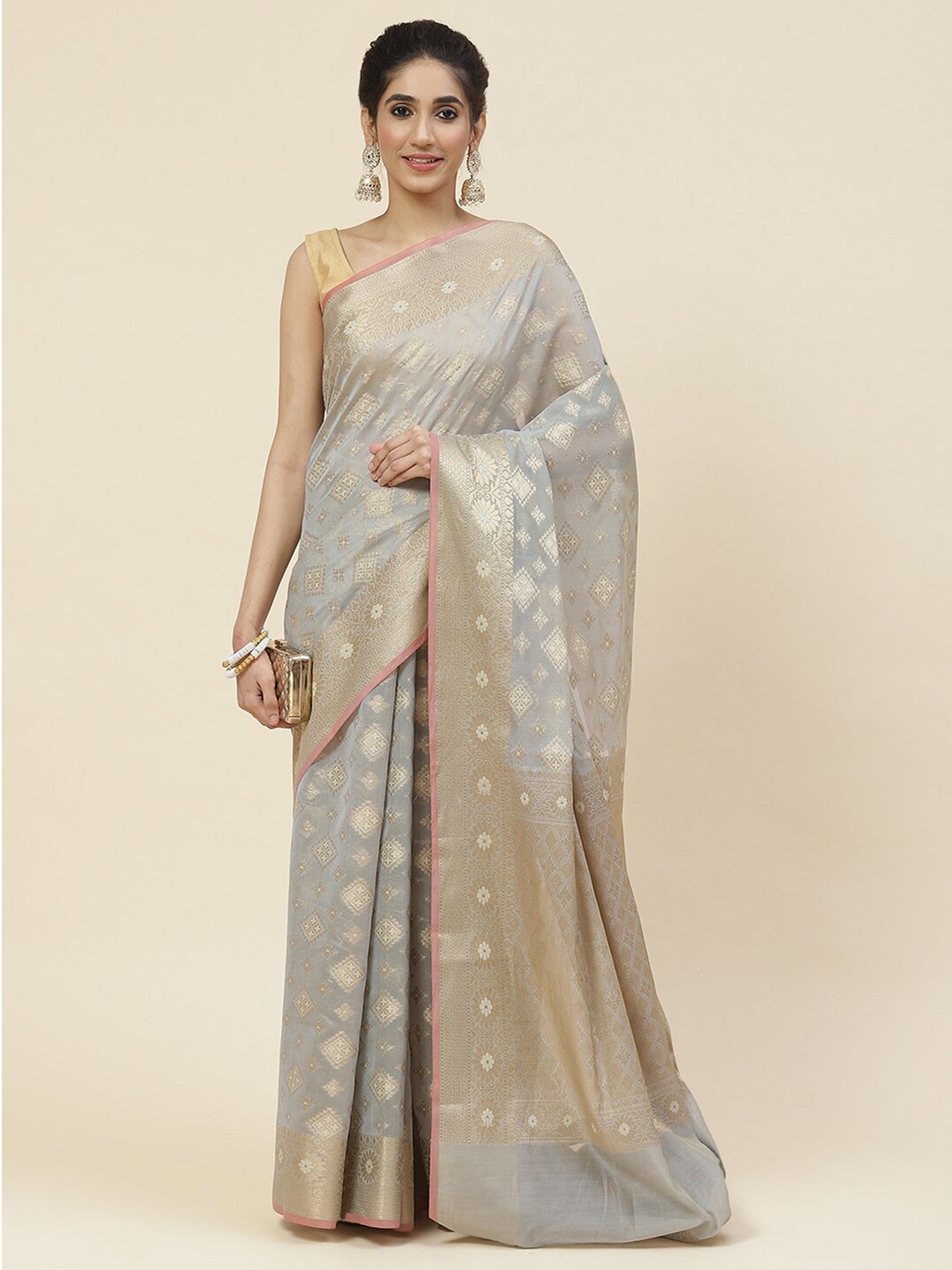 

Meena Bazaar Ethnic Motifs Zari Saree, Grey